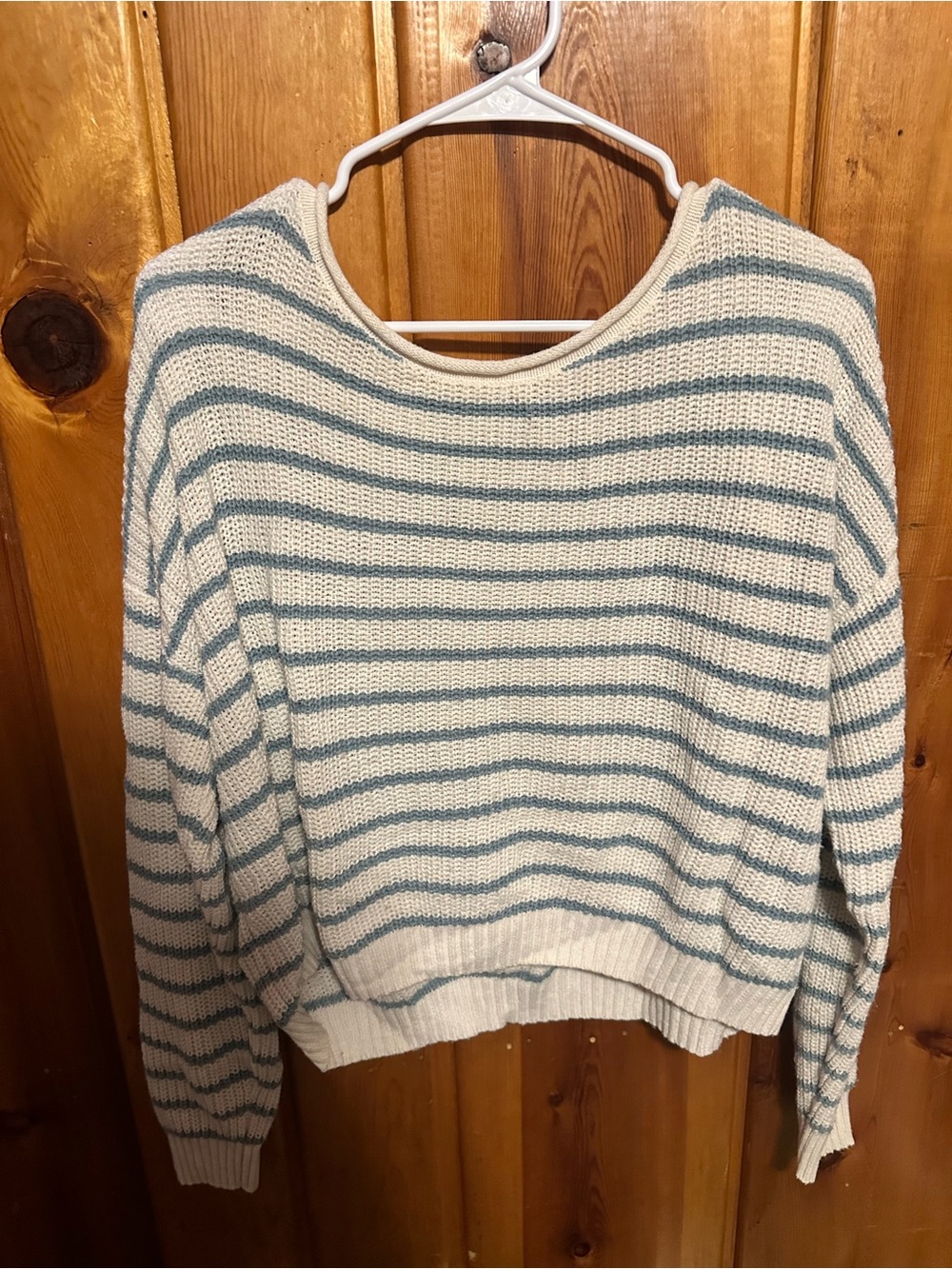 Striped Cream and Light Blue Women's Knit Sweater